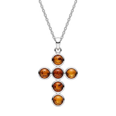 Amber Sterling Silver Cross  Pendant With Chain 18+2 Inches
