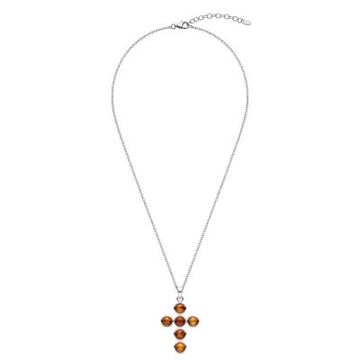 Amber Sterling Silver Cross  Pendant With Chain 18+2 Inches