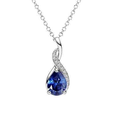 Blue and White Cubic Zirconia Sterling Silver Pendant With Chain 18+2 Inches