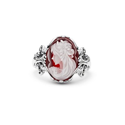 Red Agate Lady Cameo Sterling Silver Ring