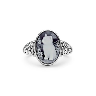 Black Agate Cat Cameo Sterling Silver Ring