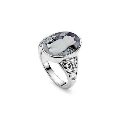 Black Agate Cat Cameo Sterling Silver Ring