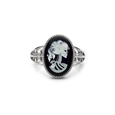 Black Agate Lady Decay Cameo Sterling Silver Ring