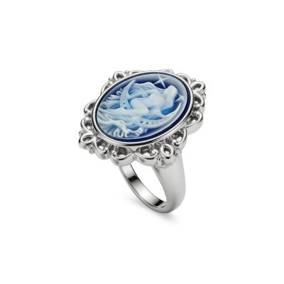 Blue Agate Moon Goddess Cameo Sterling Silver Ring
