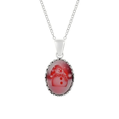 Red Agate Snowman Christmas Cameo Sterling Silver Pendant With Chain 18+2 Inches