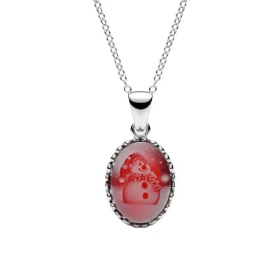 Red Agate Snowman Christmas Cameo Sterling Silver Pendant With Chain 18+2 Inches