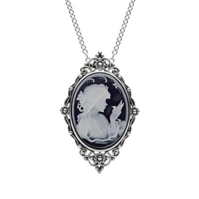 Black Agate Lady & Bird Cameo Sterling Silver Pendant With Chain 18+2 Inches