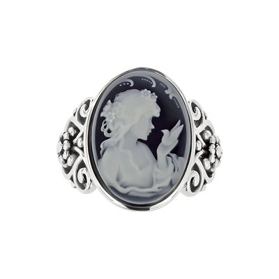 Black Agate Lady & Bird Cameo Sterling SilverRing