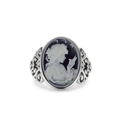 Black Agate Lady & Bird Cameo Sterling SilverRing