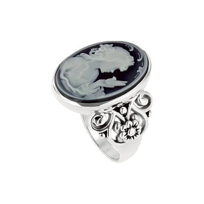 Black Agate Lady & Bird Cameo Sterling SilverRing