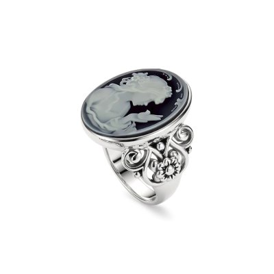 Black Agate Lady & Bird Cameo Sterling SilverRing