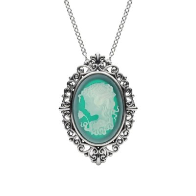 Green Agate, Black Agate Lady & Flower Cameo Sterling Silver Pendant With Chain 18+2 Inches