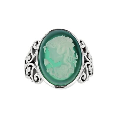 Green Agate Black Agate Lady & Flower Cameo  Sterling SilverRing