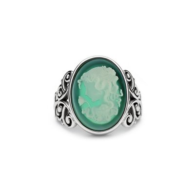 Green Agate Black Agate Lady & Flower Cameo  Sterling SilverRing