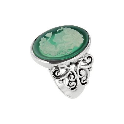 Green Agate Black Agate Lady & Flower Cameo  Sterling SilverRing