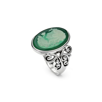 Green Agate Black Agate Lady & Flower Cameo  Sterling SilverRing