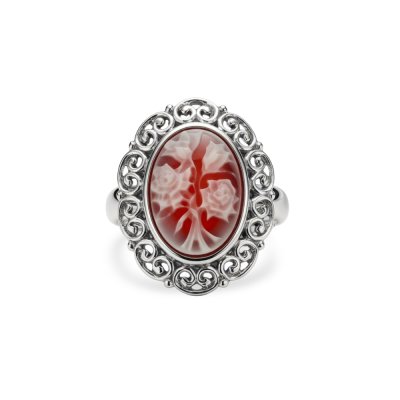 Red Agate Rose Cameo Sterling Silver Ring