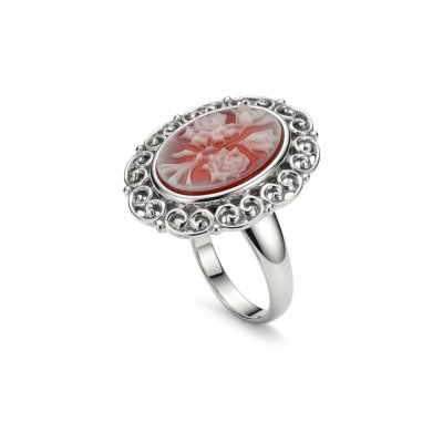 Red Agate Rose Cameo Sterling Silver Ring