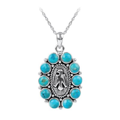 Sterling Silver Turquoise Thunderbird Pendant with Chain 18 Inches