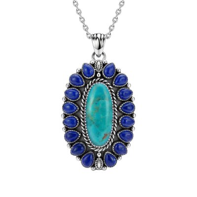 Western Turquoise & Lapis Lazuli Sterling Silver Pendant With Chain 18+2 Inches