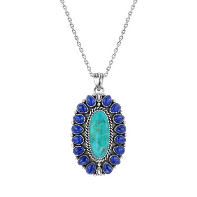 Western Turquoise & Lapis Lazuli Sterling Silver Pendant With Chain 18+2 Inches