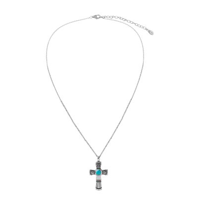Sleeping Beauty Turquoise Sterling Silver Cross Pendant With Chain 18+2 Inches