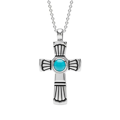 Sleeping Beauty Turquoise Sterling Silver Cross Pendant With Chain 18+2 Inches