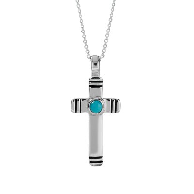 Sleeping Beauty Turquoise Sterling Silver Cross Pendant With Chain 18+2 Inches