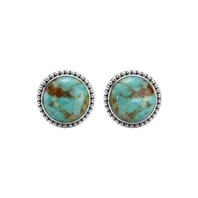 Round Turquoise 925 Sterling Silver Vintage Western Rope Edge Post Stud Earrings