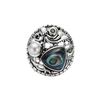 Abalone & Pearl And Chrome Diopside Sterling Silver Octopus Ring