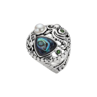 Abalone & Pearl And Chrome Diopside Sterling Silver Octopus Ring