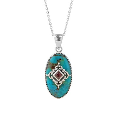 Turquoise & Garnet Sterling Silver Pendant With Chain 18+2 Inches