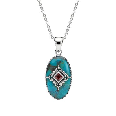 Turquoise & Garnet Sterling Silver Pendant With Chain 18+2 Inches