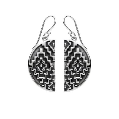Half Disc Native Geometric 925 Sterling Silver Vintage Southwestern Dangle Earrings