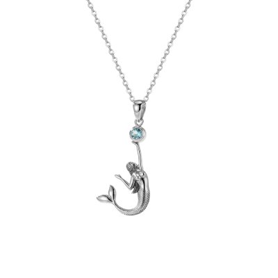 Swiss Blue Topaz Sterling Silver Mermaid Pendant with Chain 18+2 Inches