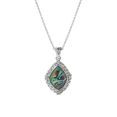 Abalone & White Topaz Sterling Silver Pendant with Chain 18+2 Inches