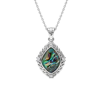 Abalone & White Topaz Sterling Silver Pendant with Chain 18+2 Inches
