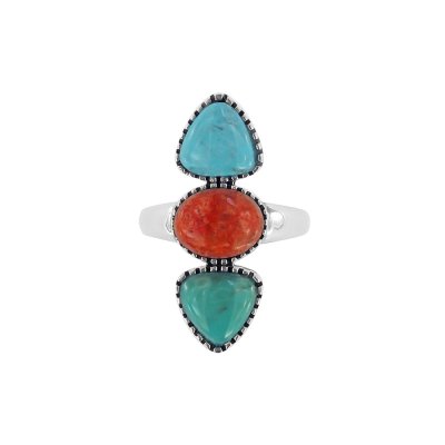 Blue & Green Turquoise and Coral Sterling Silver Ring