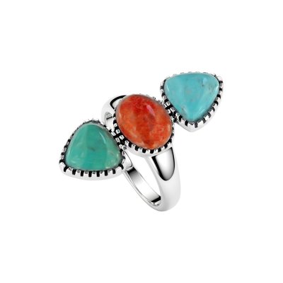 Blue & Green Turquoise and Coral Sterling Silver Ring