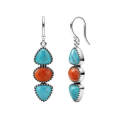 Blue & Green Turquoise and Coral Sterling Silver Earrings