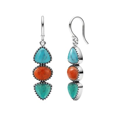 Blue & Green Turquoise and Coral Sterling Silver Earrings