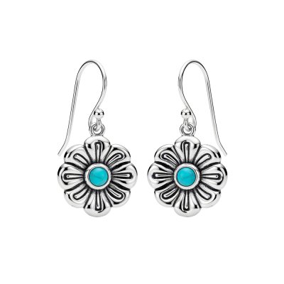 Round Turquoise 925 Sterling Silver Vintage Tribal Flower Dangle Earrings