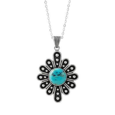 Turquoise Sterling Silver Flower Pendant 18+2 Inches