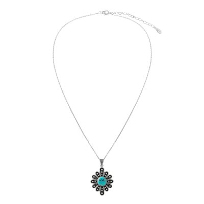 Turquoise Sterling Silver Flower Pendant 18+2 Inches
