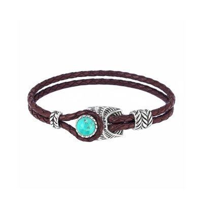 Brass Leather With Turquoise Rhodium Over Brass Bracelet