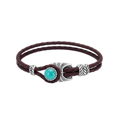 Brass Leather With Turquoise Rhodium Over Brass Bracelet