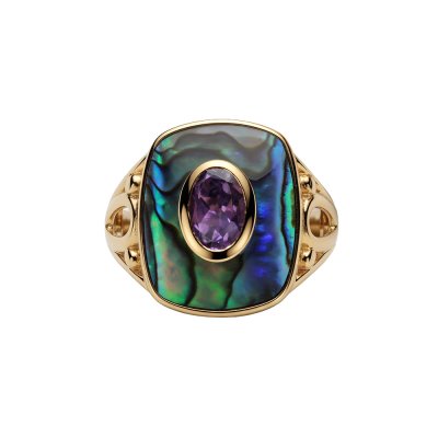 Abalone & Purple Cubic Zirconia 18K Yellow Gold Over Sterling Silver Ring