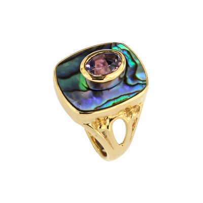 Abalone & Purple Cubic Zirconia 18K Yellow Gold Over Sterling Silver Ring