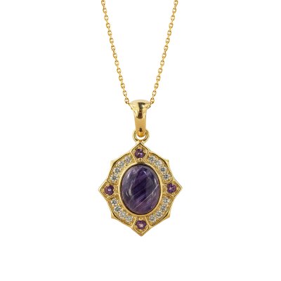 Charoite & Amethyst And White Zircon 18K Yellow Gold Over Sterling Silver Pendant 18+2 Inches