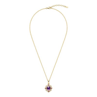 Charoite & Amethyst And White Zircon 18K Yellow Gold Over Sterling Silver Pendant 18+2 Inches